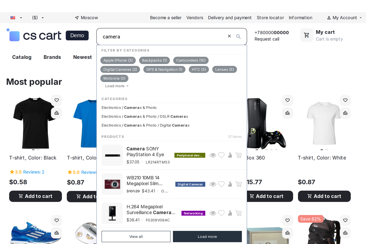 Results open right under the field: a category filter, products with price and code, and below them the categories they belong to.