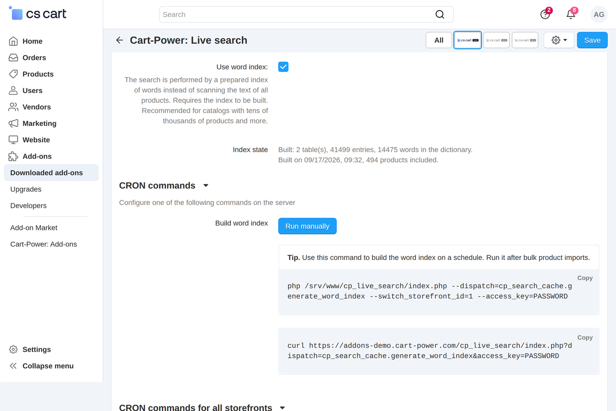 The index state sits in the settings — a drift from the catalog is easy to notice.