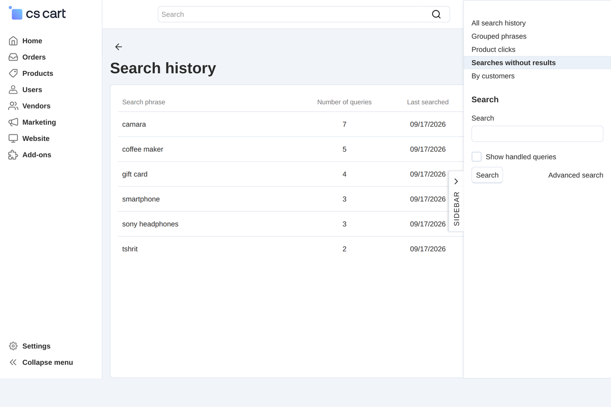 The «Searches without results» report: the phrase, how often it was searched and when last.
