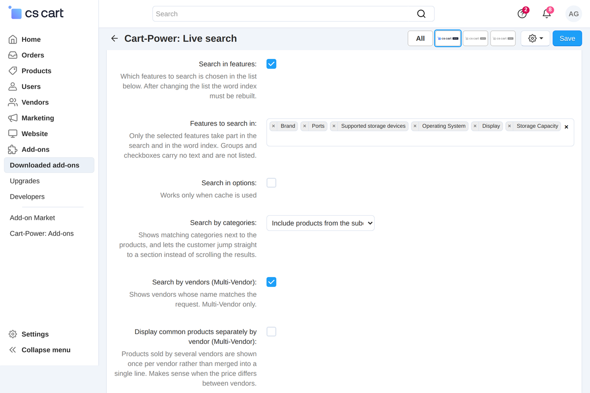 The list of features to search in — right in the settings, with search by name.