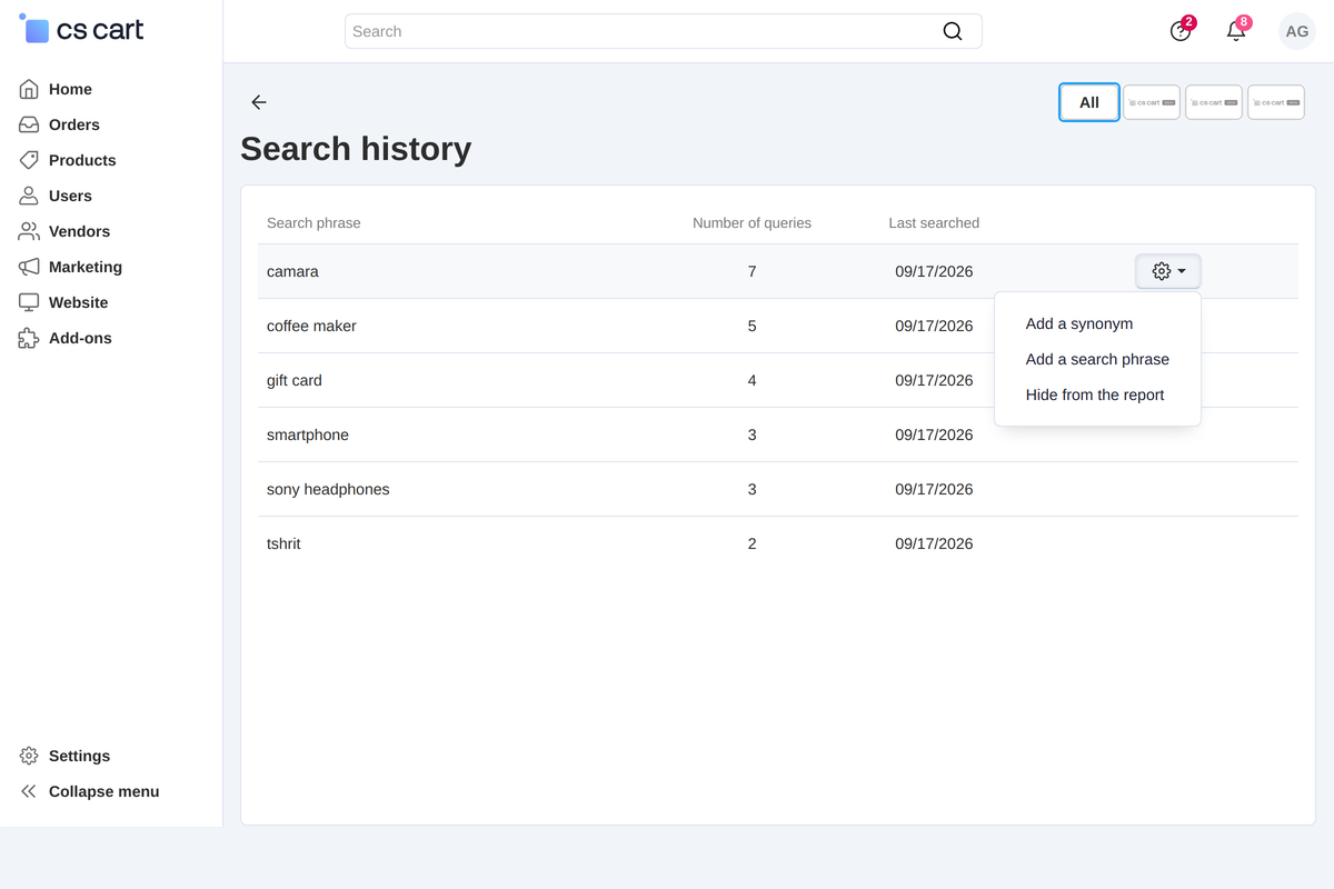 Three actions in the row: add a synonym, add a search phrase, hide from the report.
