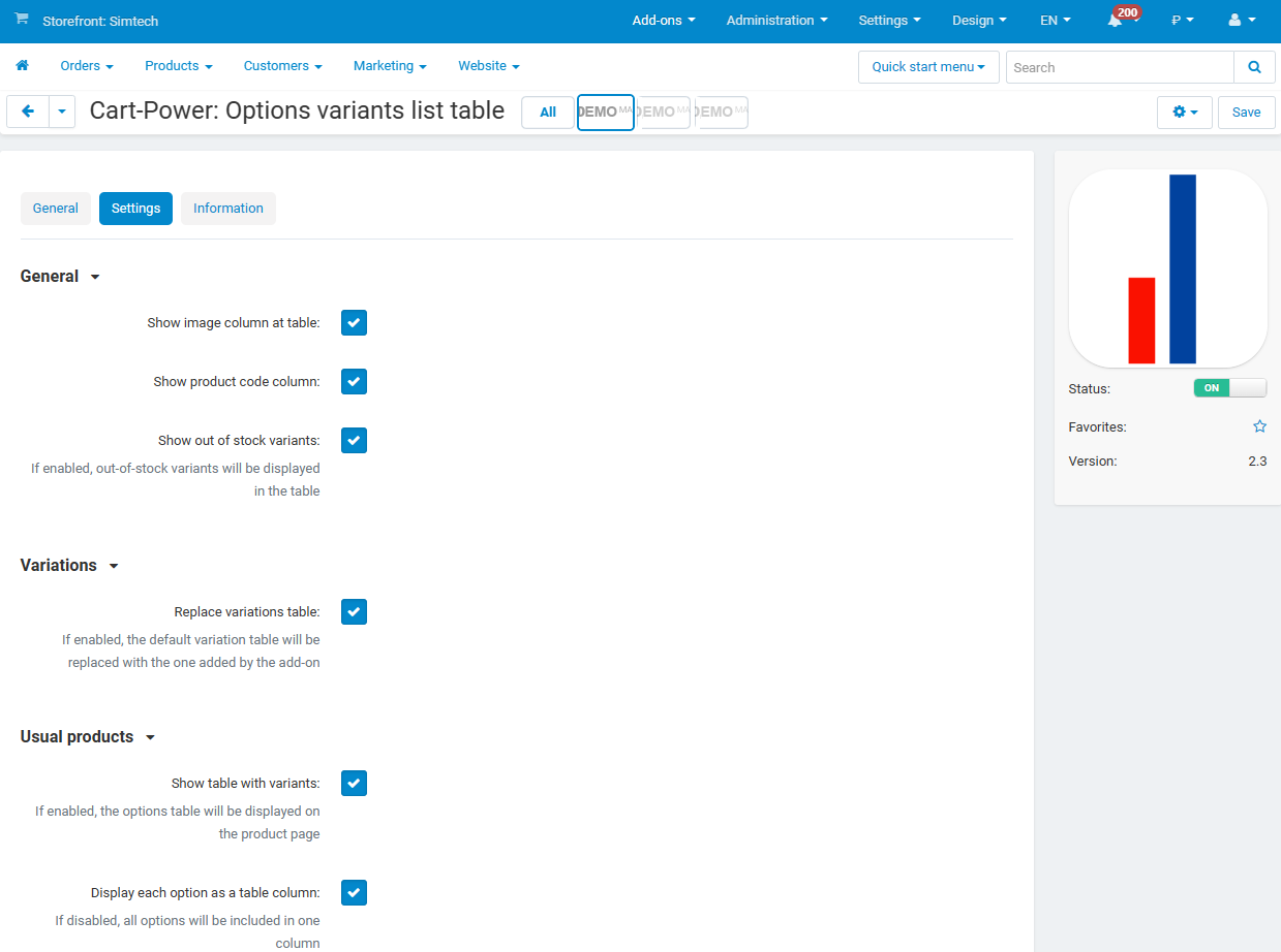 Options variants table on the product page
