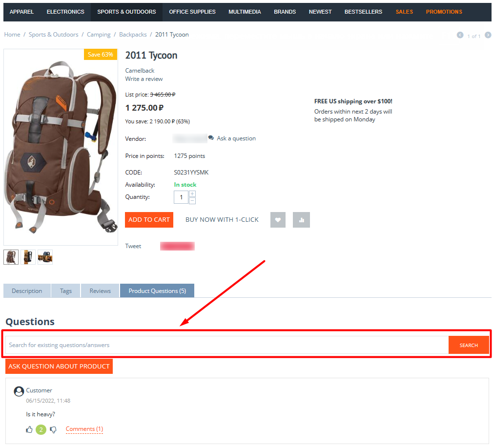 Questions and answers section on a product page