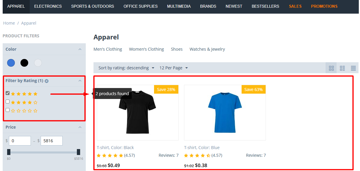 Product rating filter on the storefront
