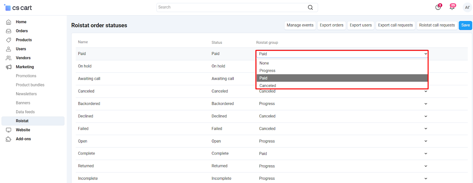 General settings of the Roistat integration