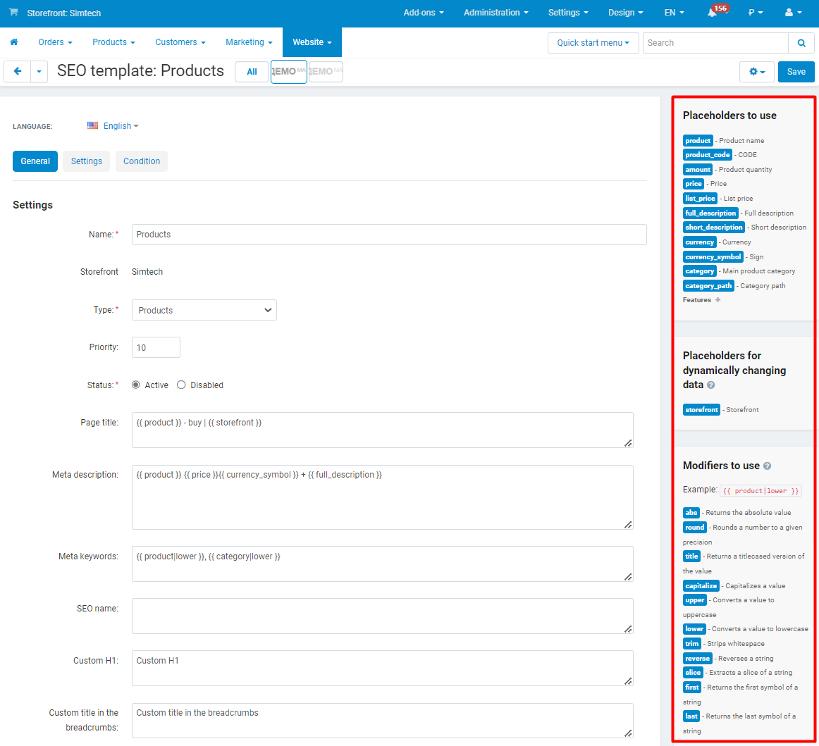 Template editor with placeholders