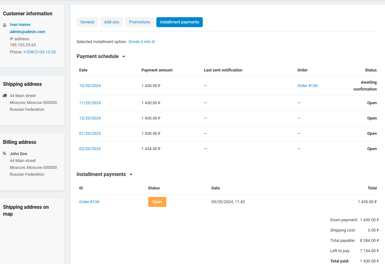 Instalments in the customer account