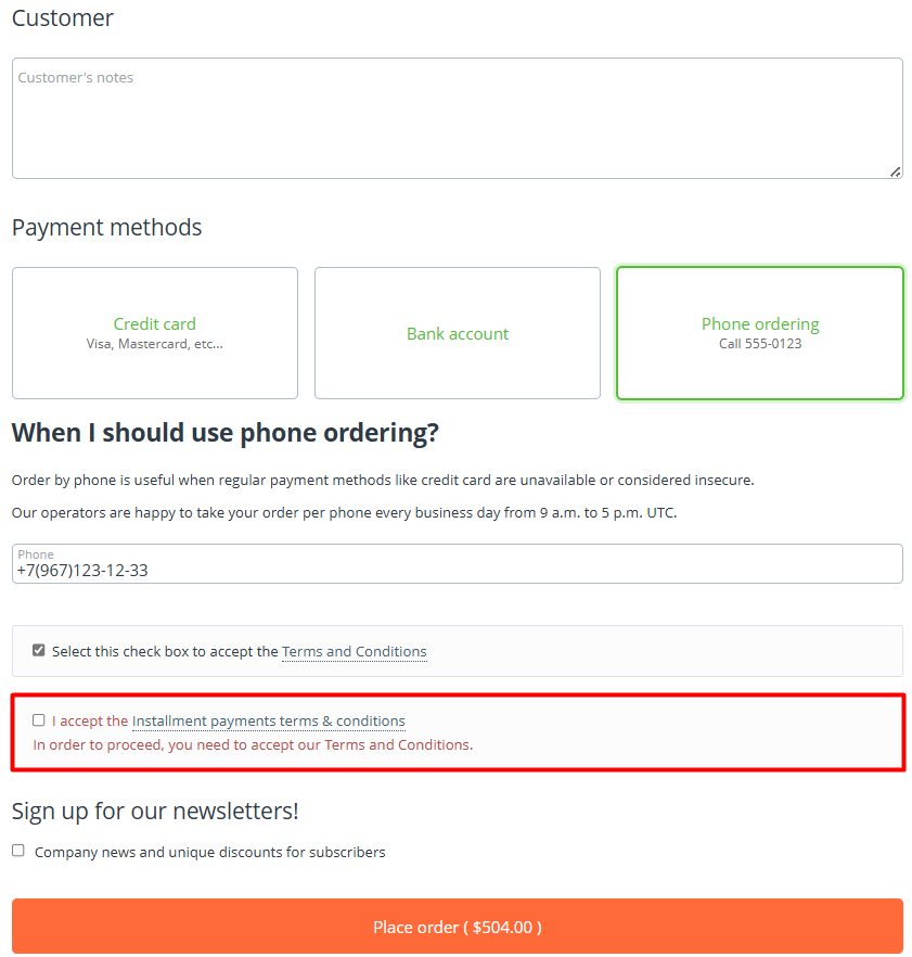Instalment settings on a payment method