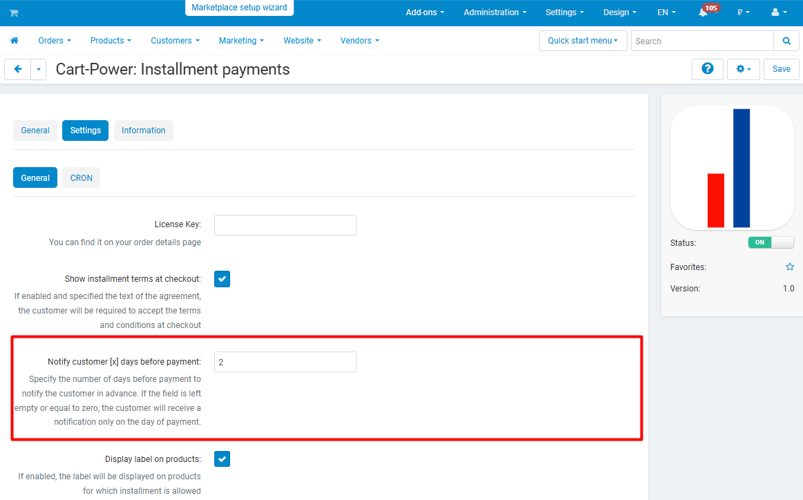 Instalment settings for a single product