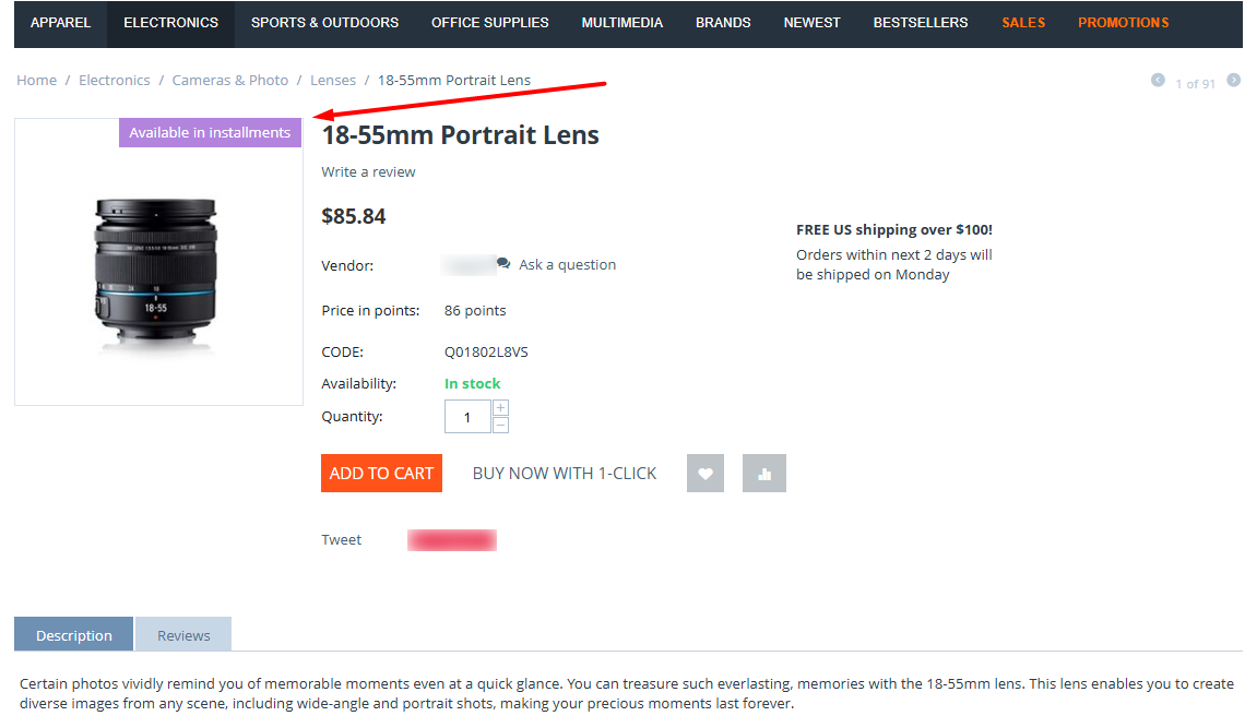 Label on a product available in instalments