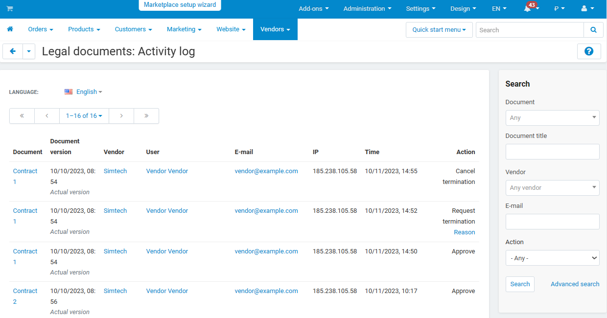 Documents in the vendor panel