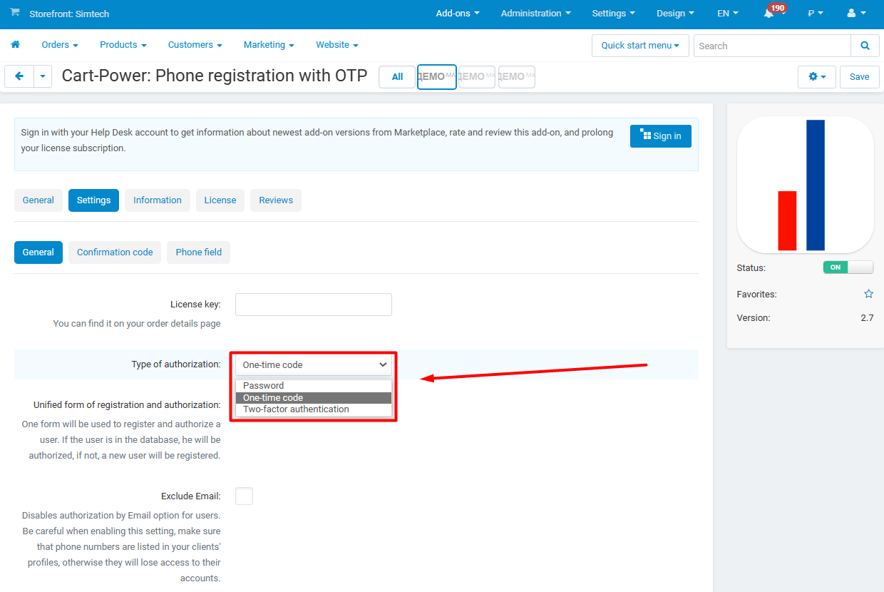 Two-factor authentication settings