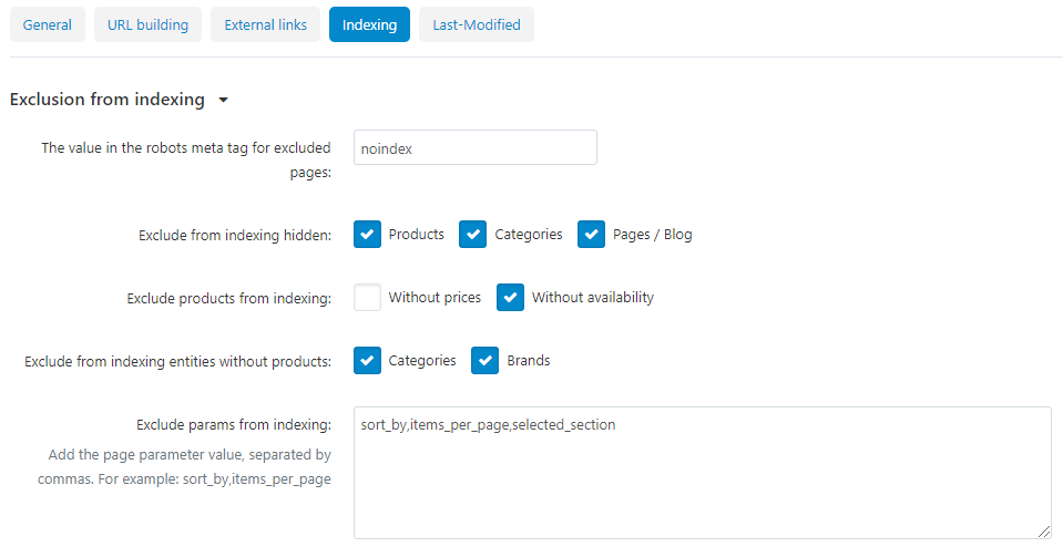 Page indexation settings in the SEO Optimization add-on