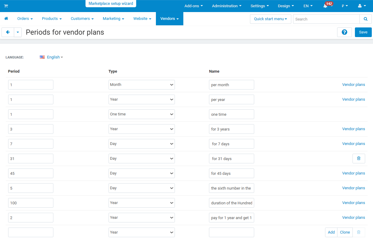 Configuring vendor plan periods