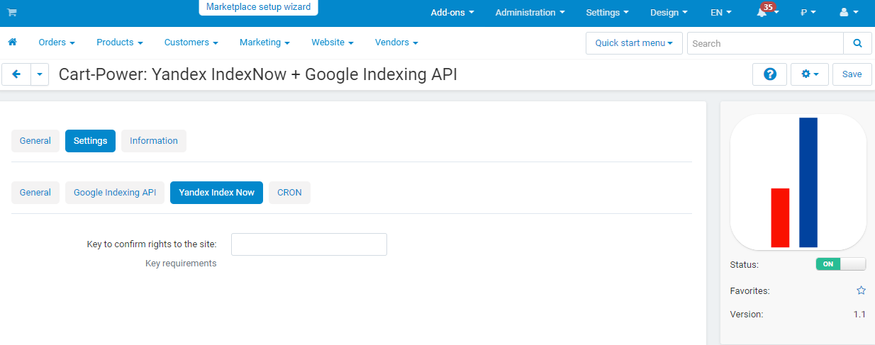 Fast indexing add-on settings