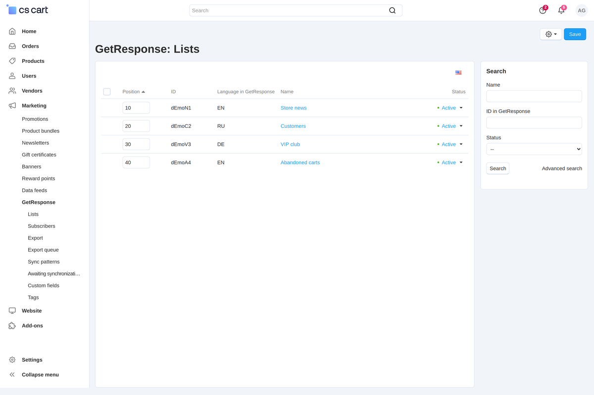 Contact lists imported from GetResponse: the language of the list, the id in the service, the storefront name and the status.