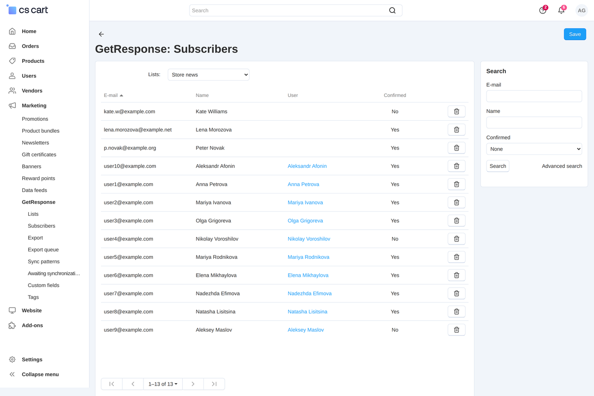 Subscribers of a list: who confirmed the address, who has a store account.