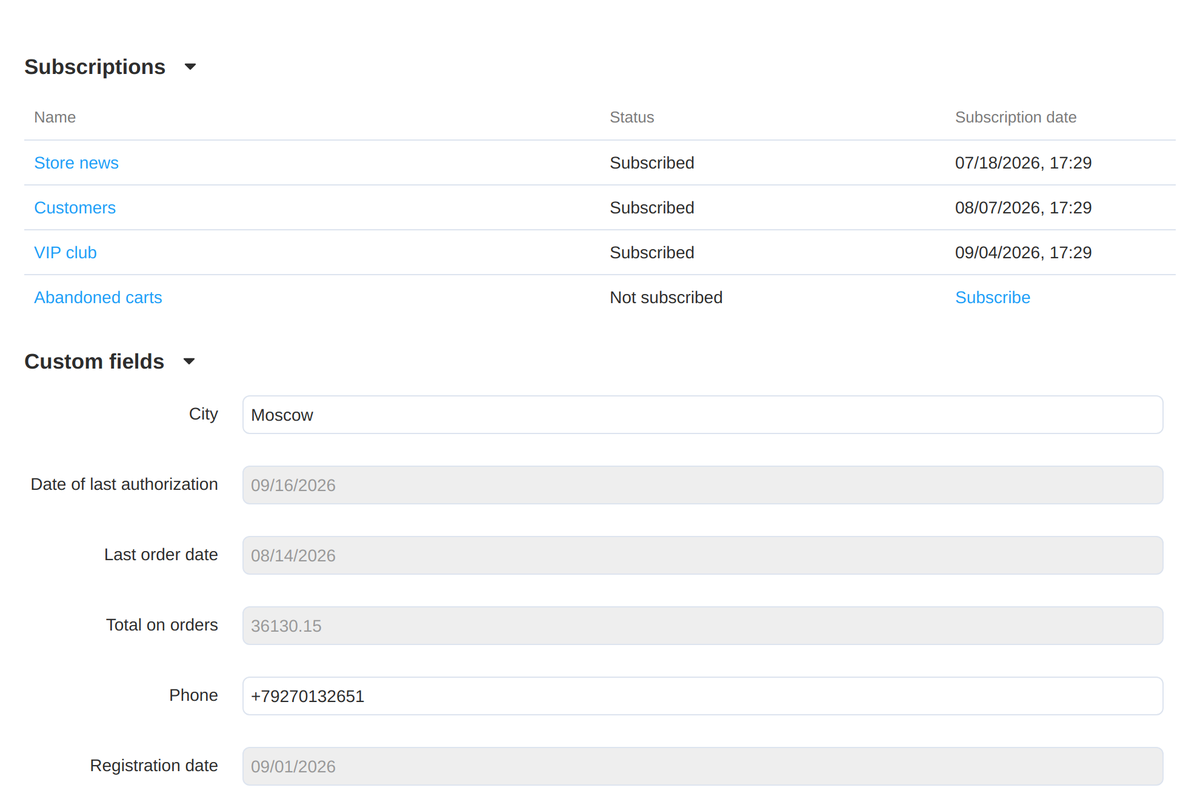 The GetResponse tab in the customer card: list subscriptions and field values.