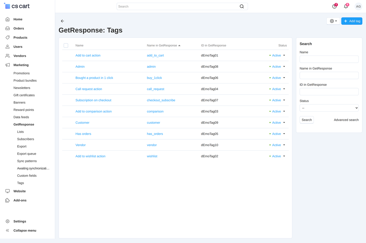 Action tags: the default set is created with one button both in the store and in GetResponse.