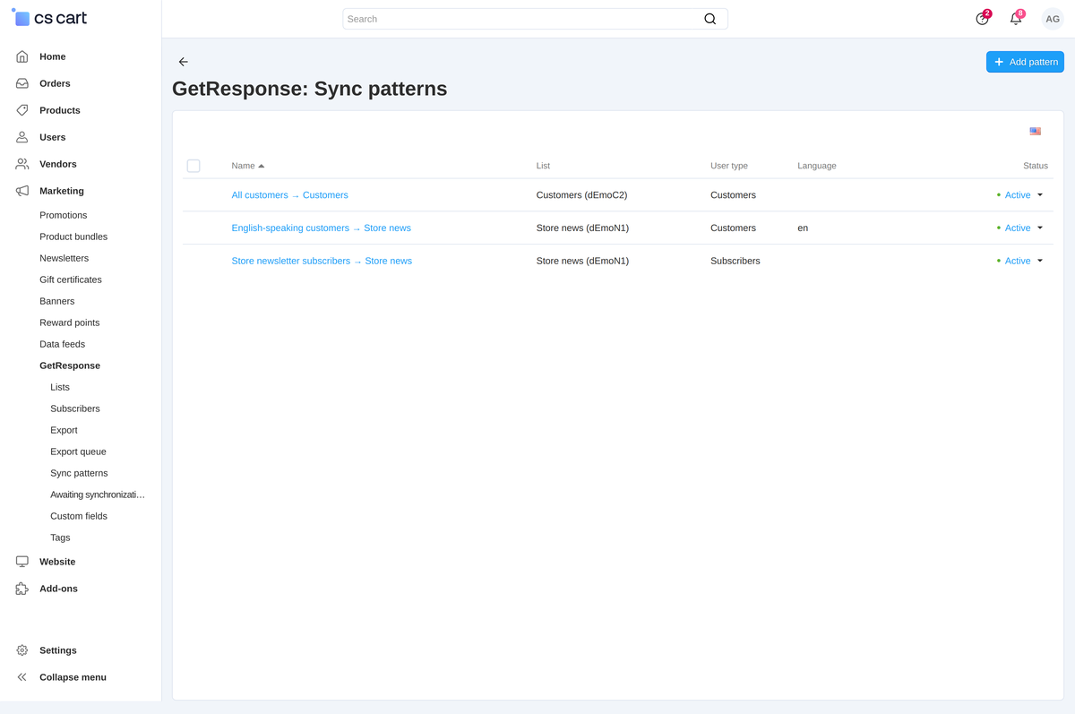 Sync patterns: user type, language and mailing list - to a contact list.