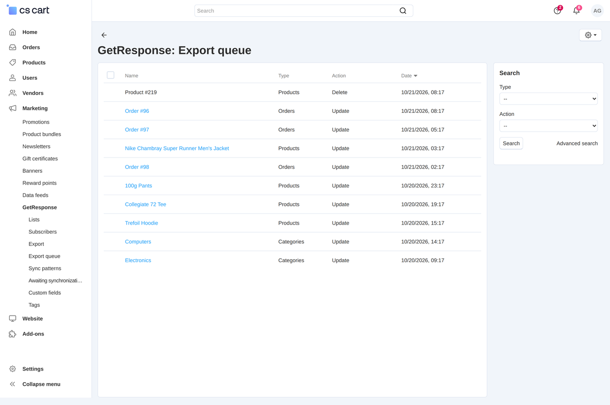 The export queue: what changed in the store and which action goes to the service.