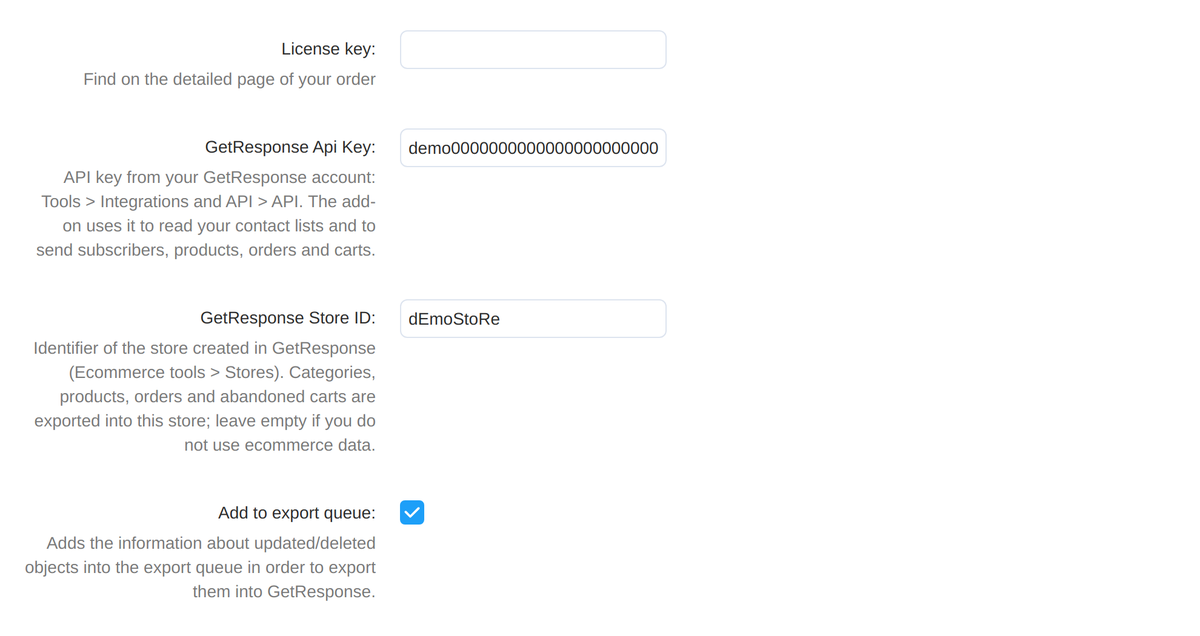 Add-on settings: API key, GetResponse store, export queue and the Web Connect code.