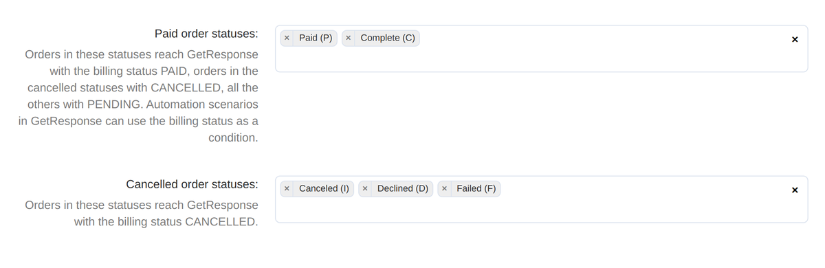 The Orders section: which statuses reach GetResponse as PAID and as CANCELLED.