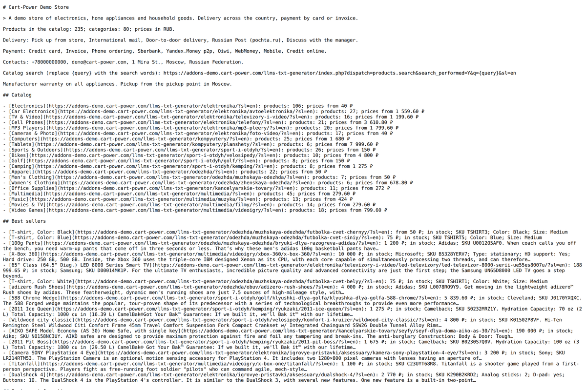 The demo store llms.txt as an AI assistant receives it: store terms, categories and best sellers with prices.