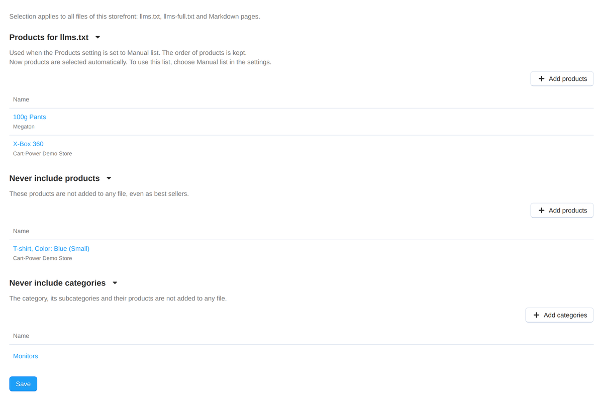 Selection: the manual product list and excluded categories.