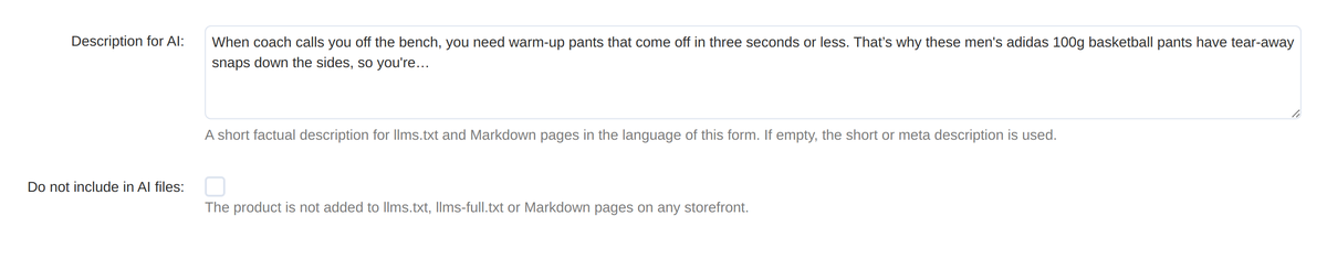 The product page: the AI description and exclusion from the files.