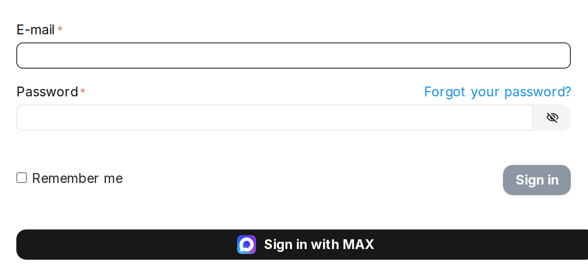 The “Sign in with MAX” button in the stock sign-in form, next to the usual e-mail and password.