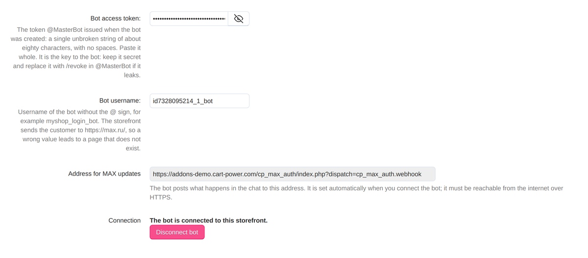 Bot settings: token, username, update address and connection state.
