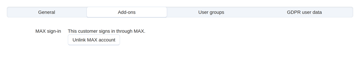 The customer profile: the MAX sign-in is visible, with an unlink button.