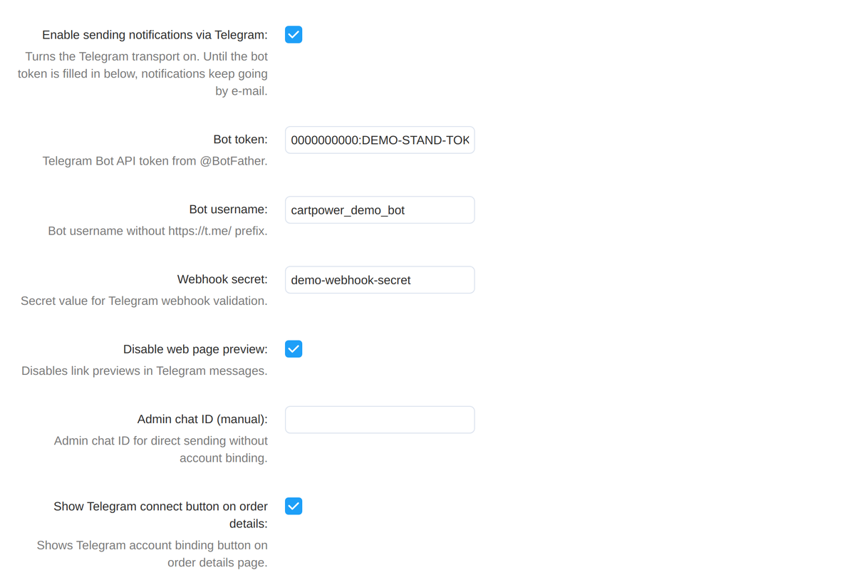 The Telegram settings: the token, the bot name, the storefront buttons and the webhook tools.