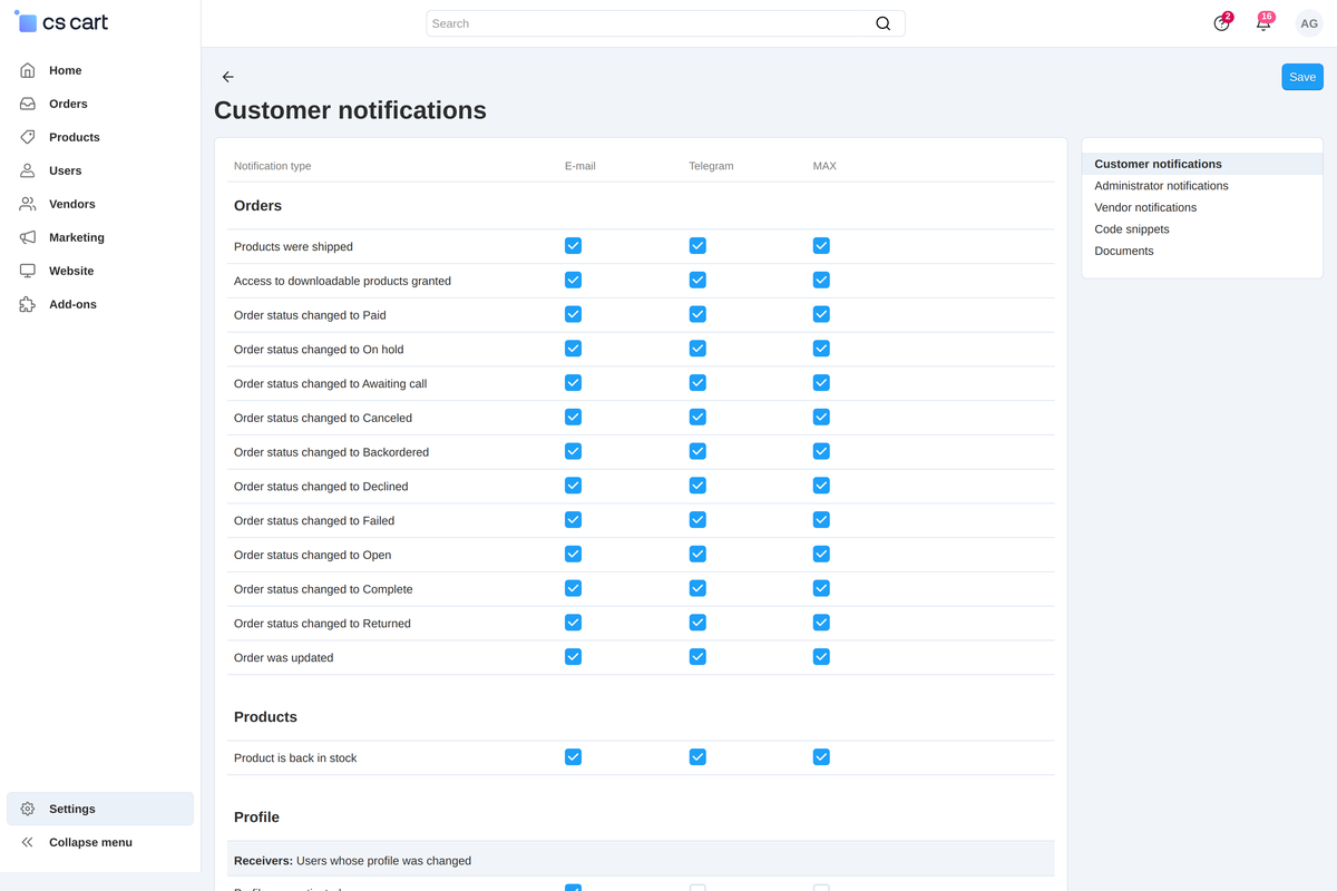 The "Notifications" screen: Telegram and MAX next to the E-mail column, ticked event by event.