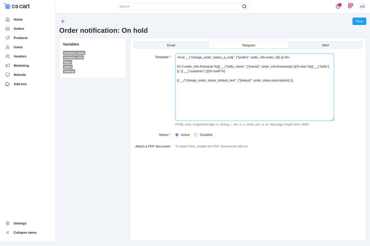 The notification card: the "By e-mail / Telegram / MAX" tabs, every channel with its own text.