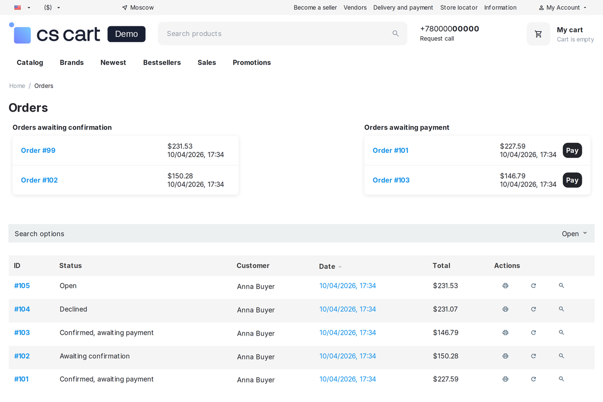 The customer Orders section: orders awaiting confirmation and orders awaiting payment with the "Pay" button.