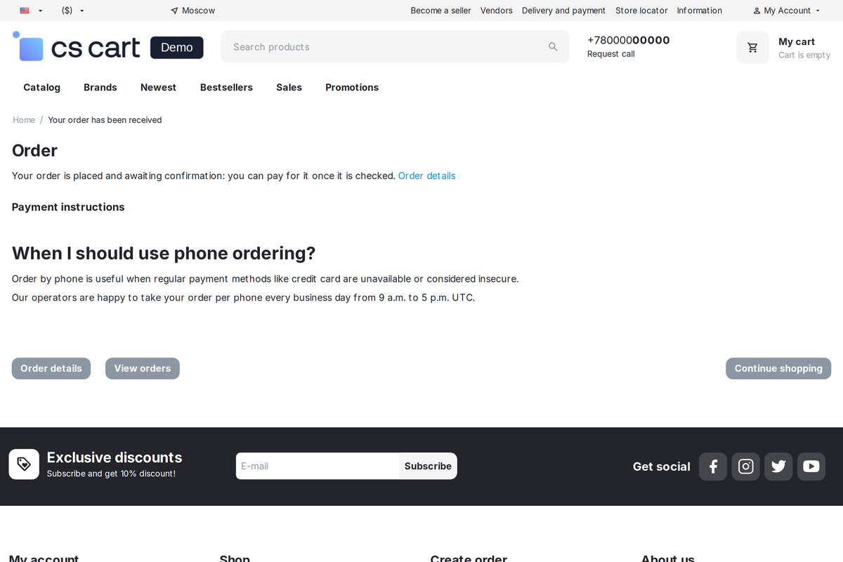 After checkout the customer sees that the order requires confirmation - no payment is asked at this step.