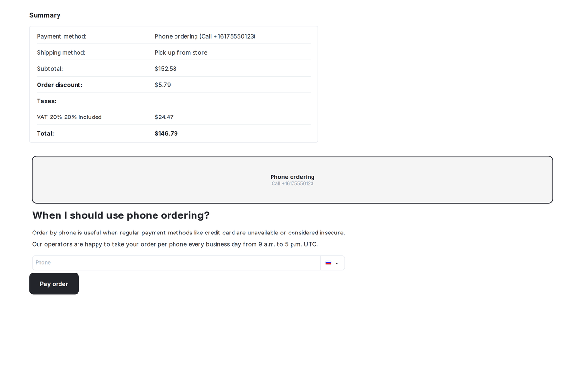 The payment page of a confirmed order: the summary and the payment method with the "Pay order" button.