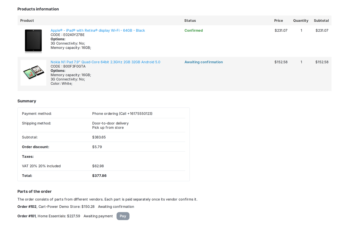 A parent order of two vendors: one part is confirmed and awaiting payment, the other one is still on confirmation.