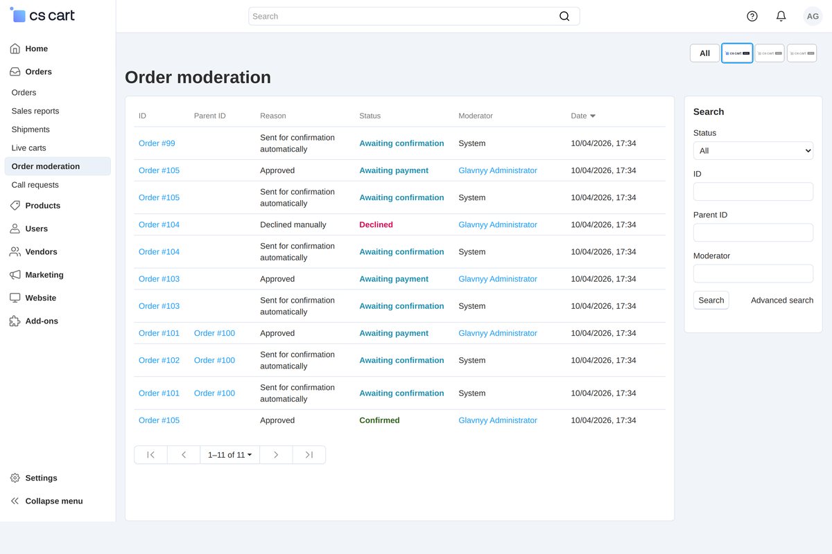 The "Order moderation" log: order ID, reason, state, moderator and time.
