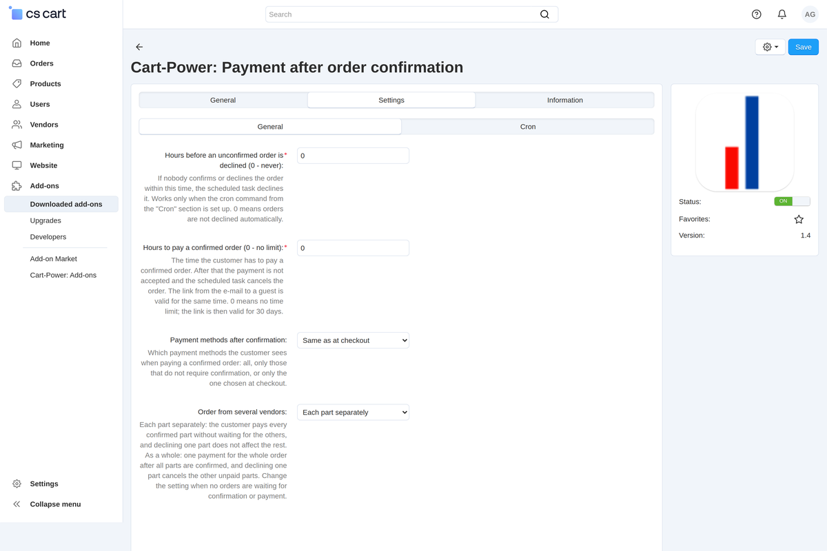 The add-on settings: cancellation periods, payment methods after confirmation and the mode for orders from several vendors.