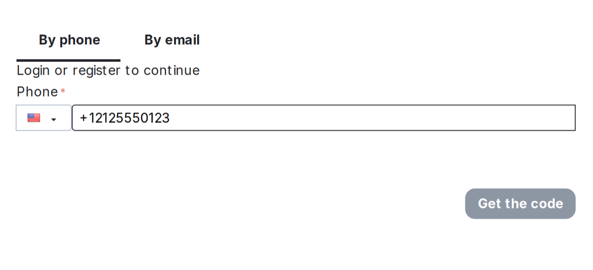 The sign-in form: tabs by phone and by e-mail, the customer enters a number.