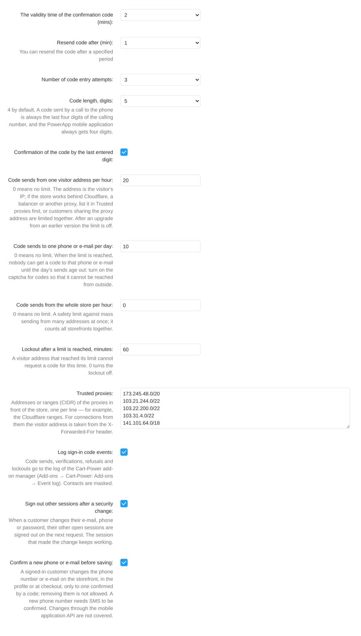 Code settings: the lifetime, the resend pause and the number of attempts.