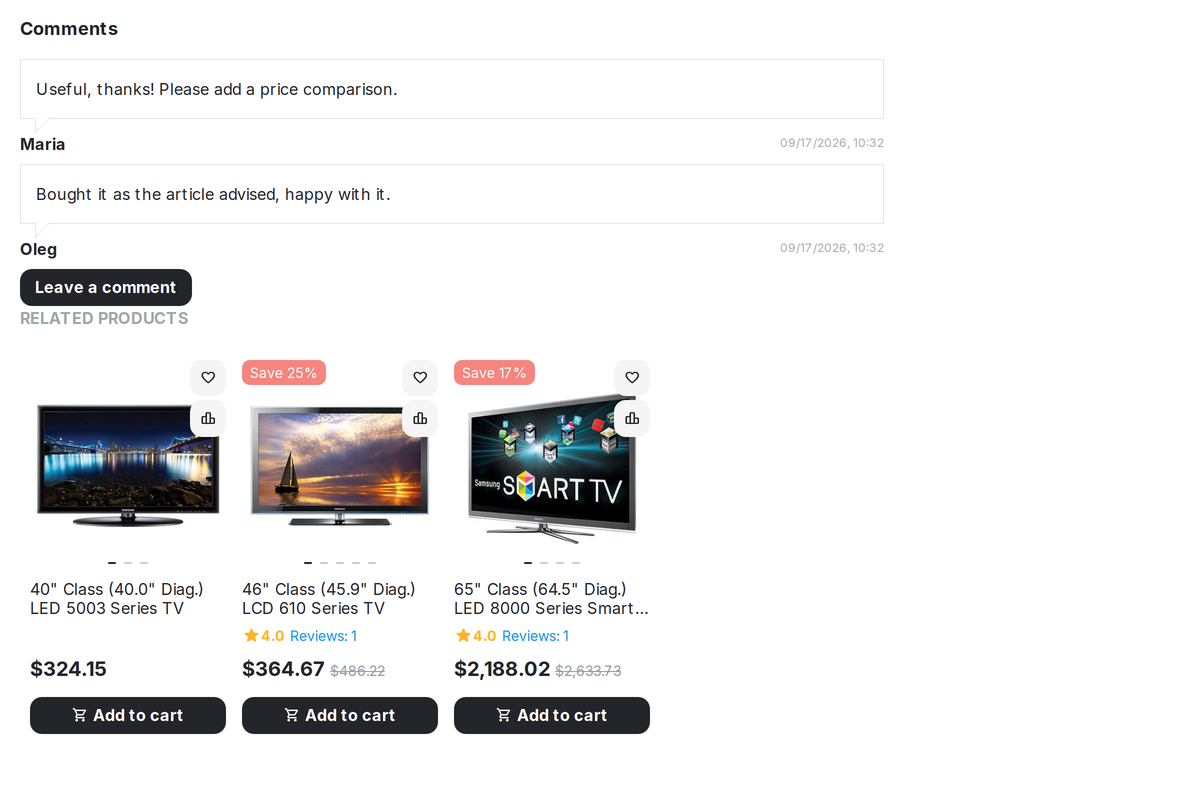 Comments and related products under an article: price and buy button.
