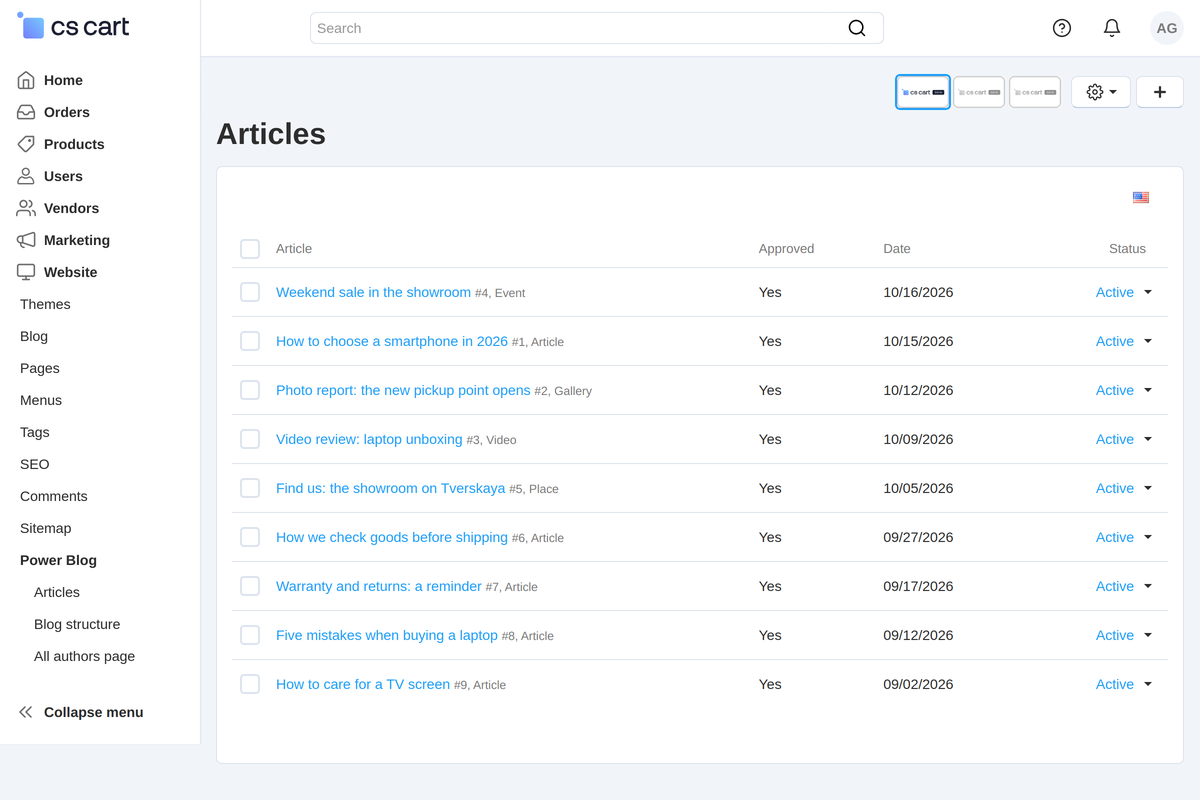 Article list in the panel: type, approval, date and status.