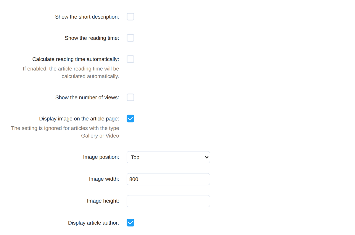Article page settings: short description, reading time, views, image and author.