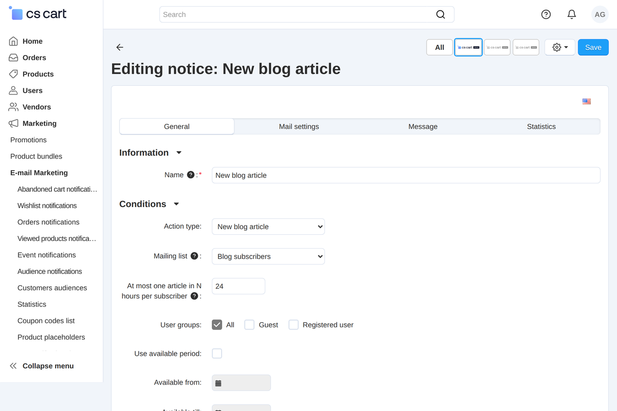 The "New blog article" notification: mailing list, pause and letter text.