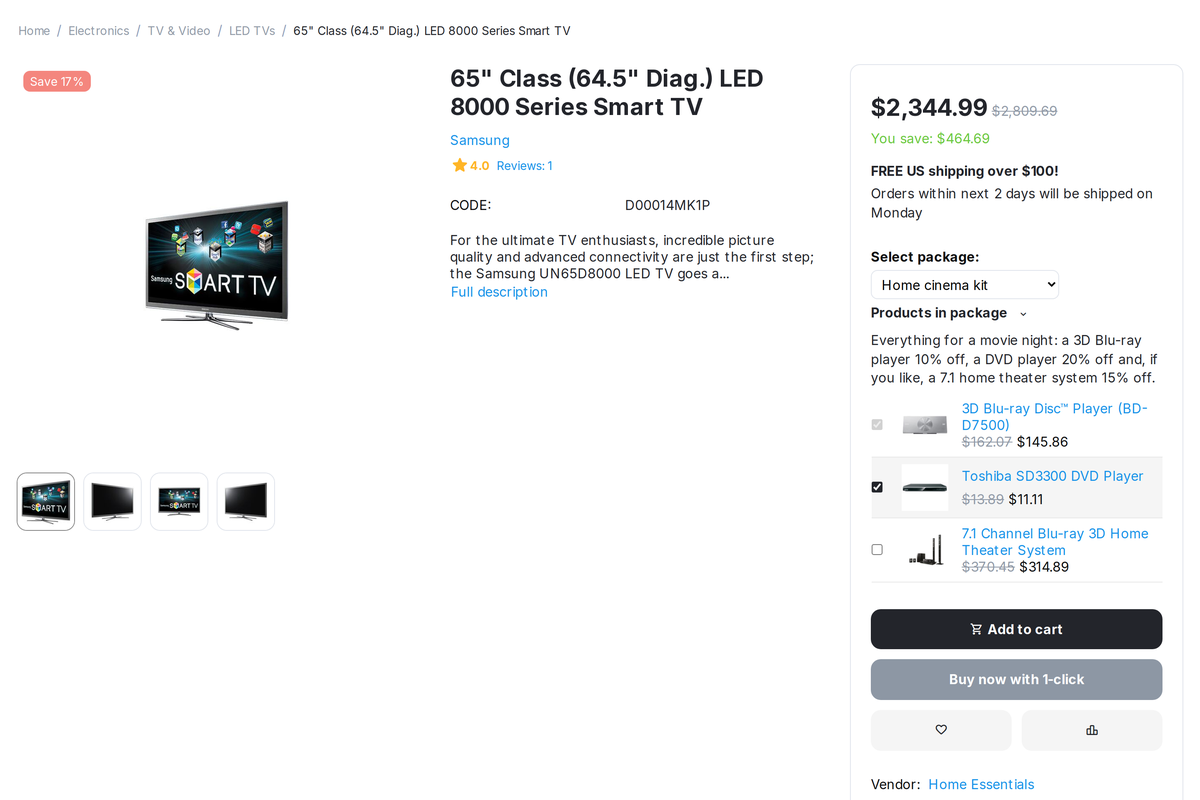 TV page: package switcher, description, items with checkboxes and discounts.