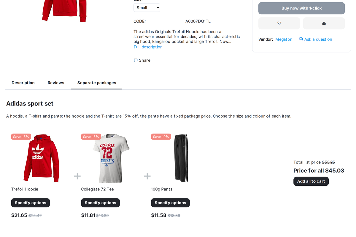 The Separate packages tab of a hoodie: three items, options, the price for all.